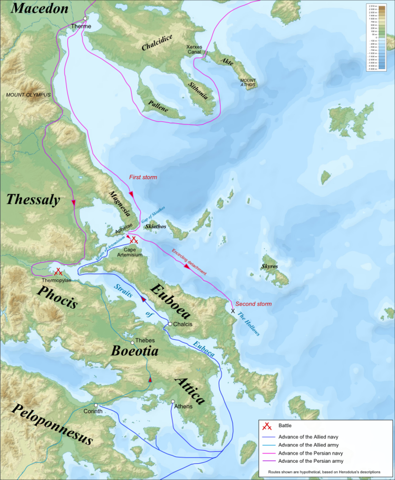 Map showing Greek and Persian advances to Thermopylae and Artemisium