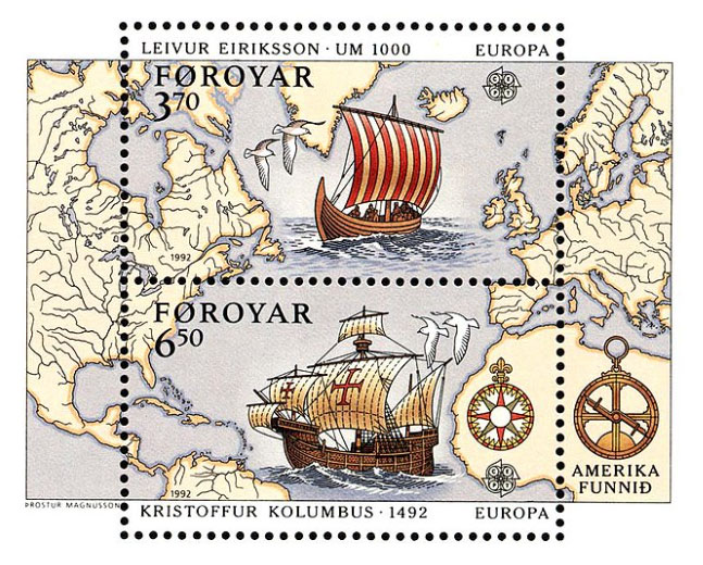Discovery of America, a postage stamp from the Faroe Islands commemorates the voyages of discovery of Leif Erikson (c. 1000) and Christopher Columbus (1492)