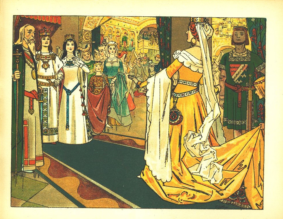 Snow White: 8. The Queen arrives at the wedding - Franz Jüttner (1865–1925): Illustration from Sneewittchen, Scholz' Künstler-Bilderbücher, Mainz 1905