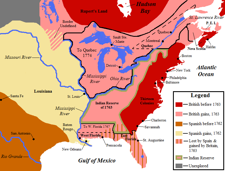 Map showing territorial gains of Britain and Spain following the French and Indian War. Also shown are boundary changes within the territory the British had acquired between 1763 to 1783. Territorial lands held by the British before 1763 is shown in red, land gained by Britain in 1763 is shown in pink. The lands ceded to the Kingdom of Spain in secret during 1762 are in light yellow.