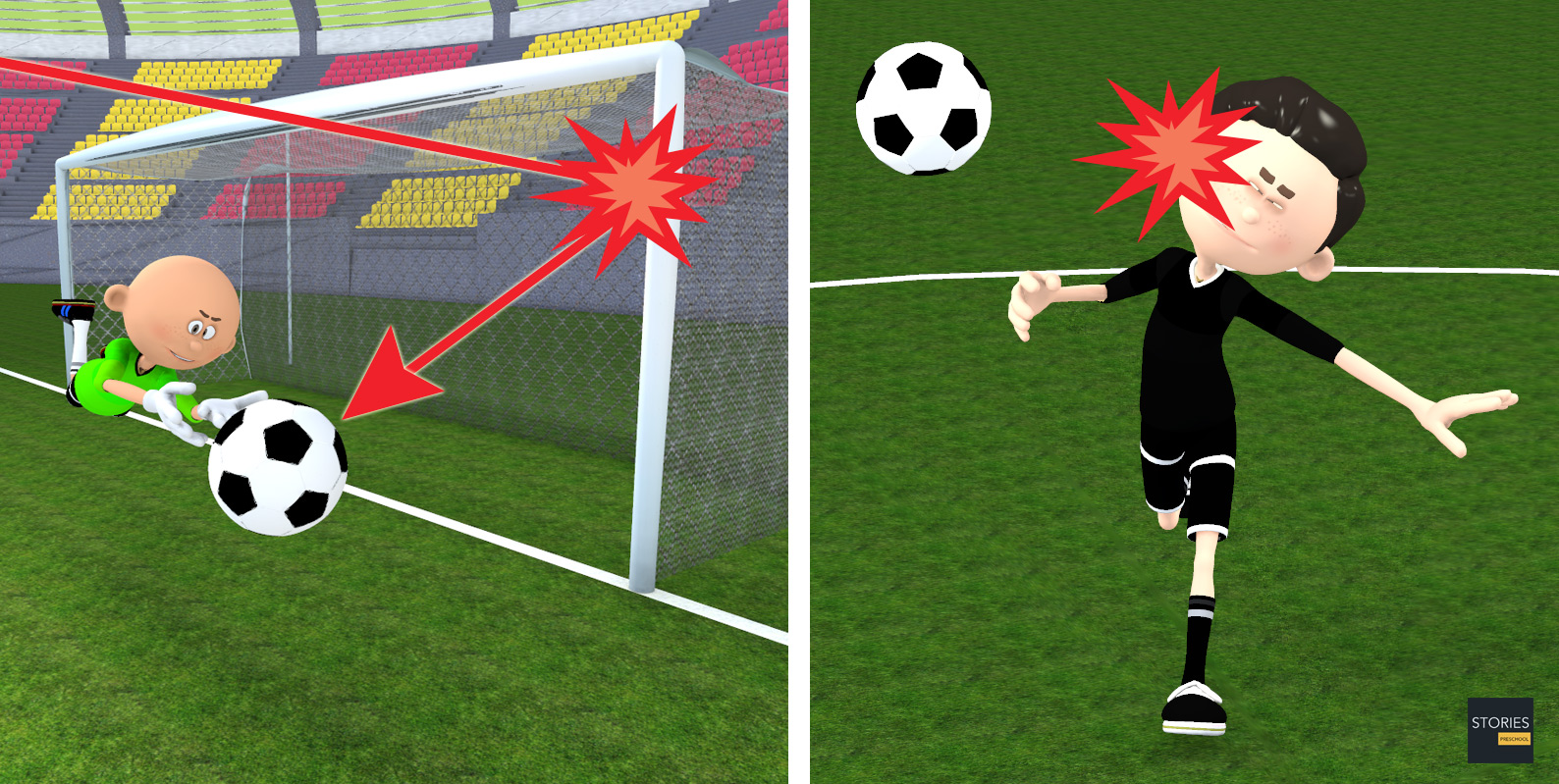 Soccer Ball rebounds off a goal frame or referee | Stories Preschool