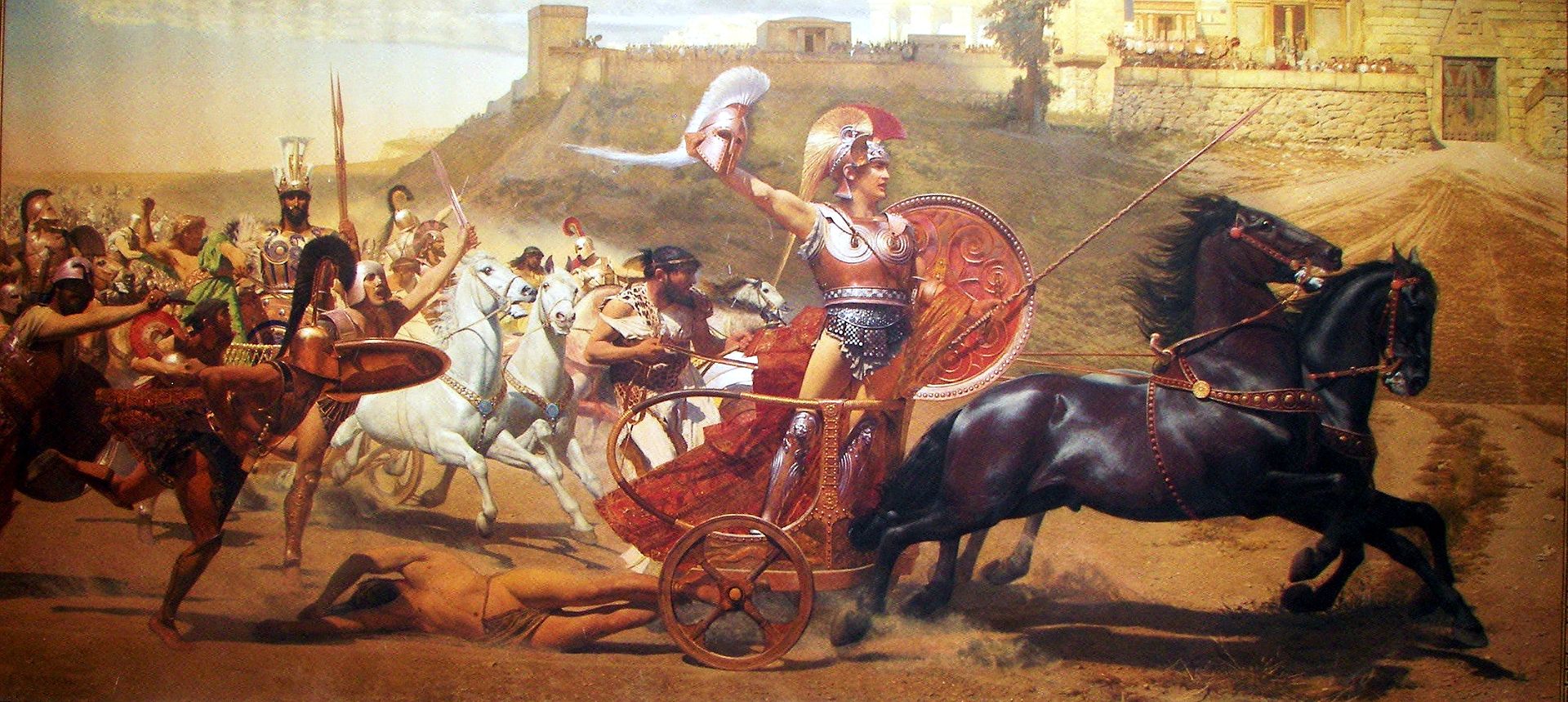 Triumphant Achilles dragging Hector's body around Troy, from a panoramic fresco of the Achilleion